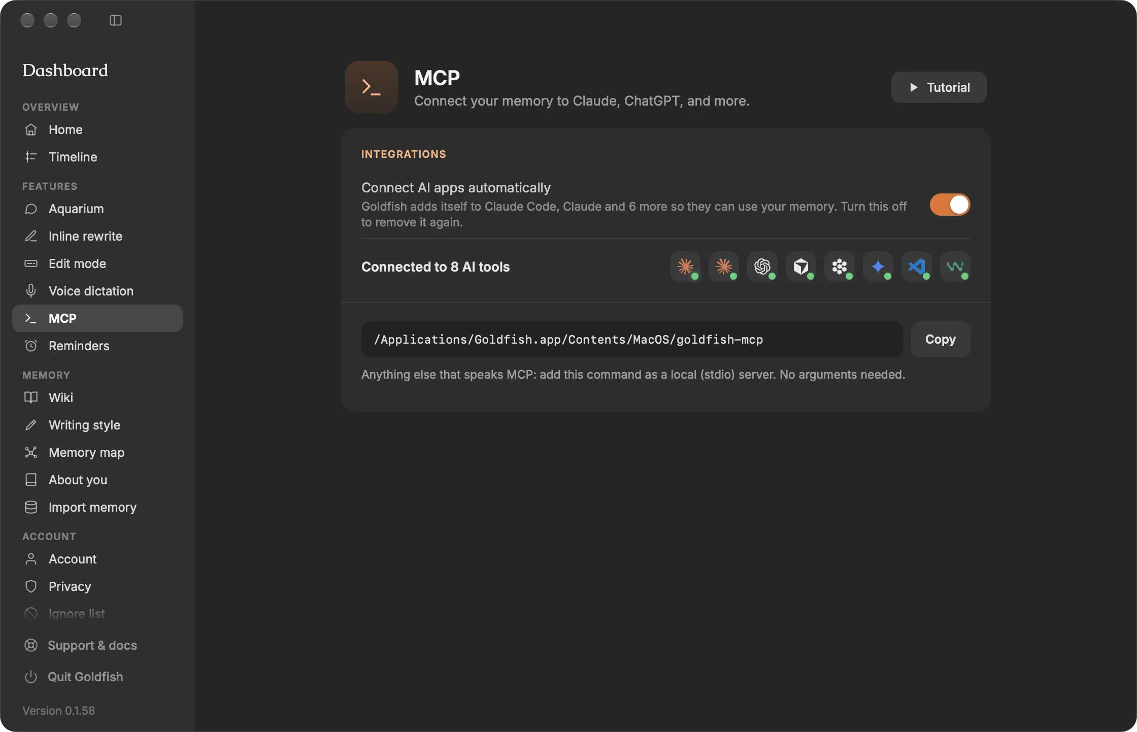 The MCP page in the Goldfish Dashboard, with the Connect AI apps automatically switch, the AI tools Goldfish is connected to, and the command to copy for manual setup